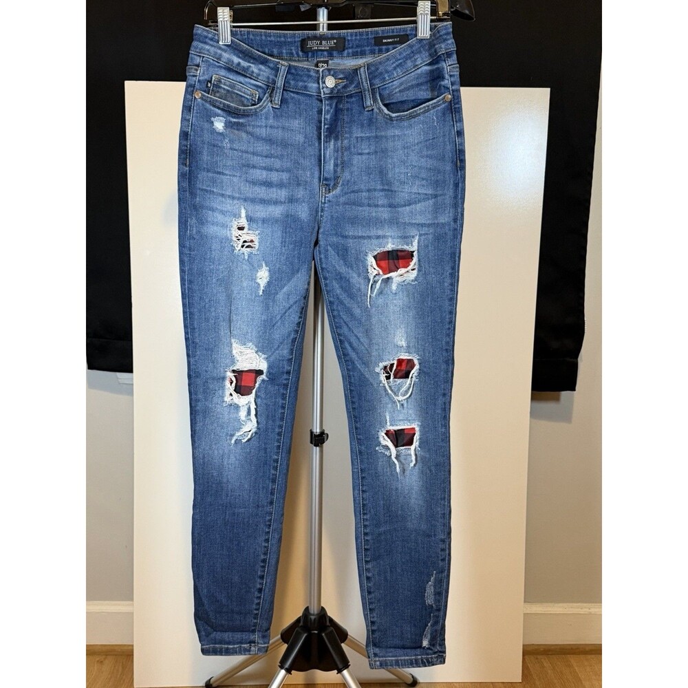 Judy Blue Womens Skinny Fit Jeans Sz 9/29 Distressed Red Plaid Patch Stretch